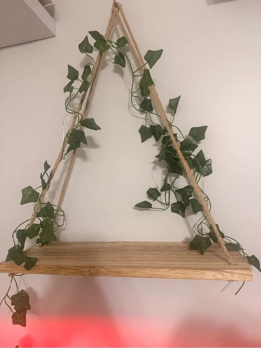 Natural Wood Hanging Shelf with Green Faux Ivy and Jute Rope